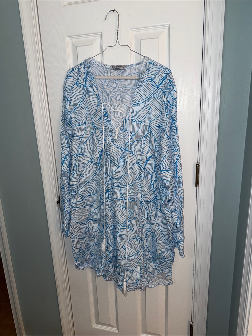 Charlie Holiday Blue and White Leaf-Print Swim Coverup